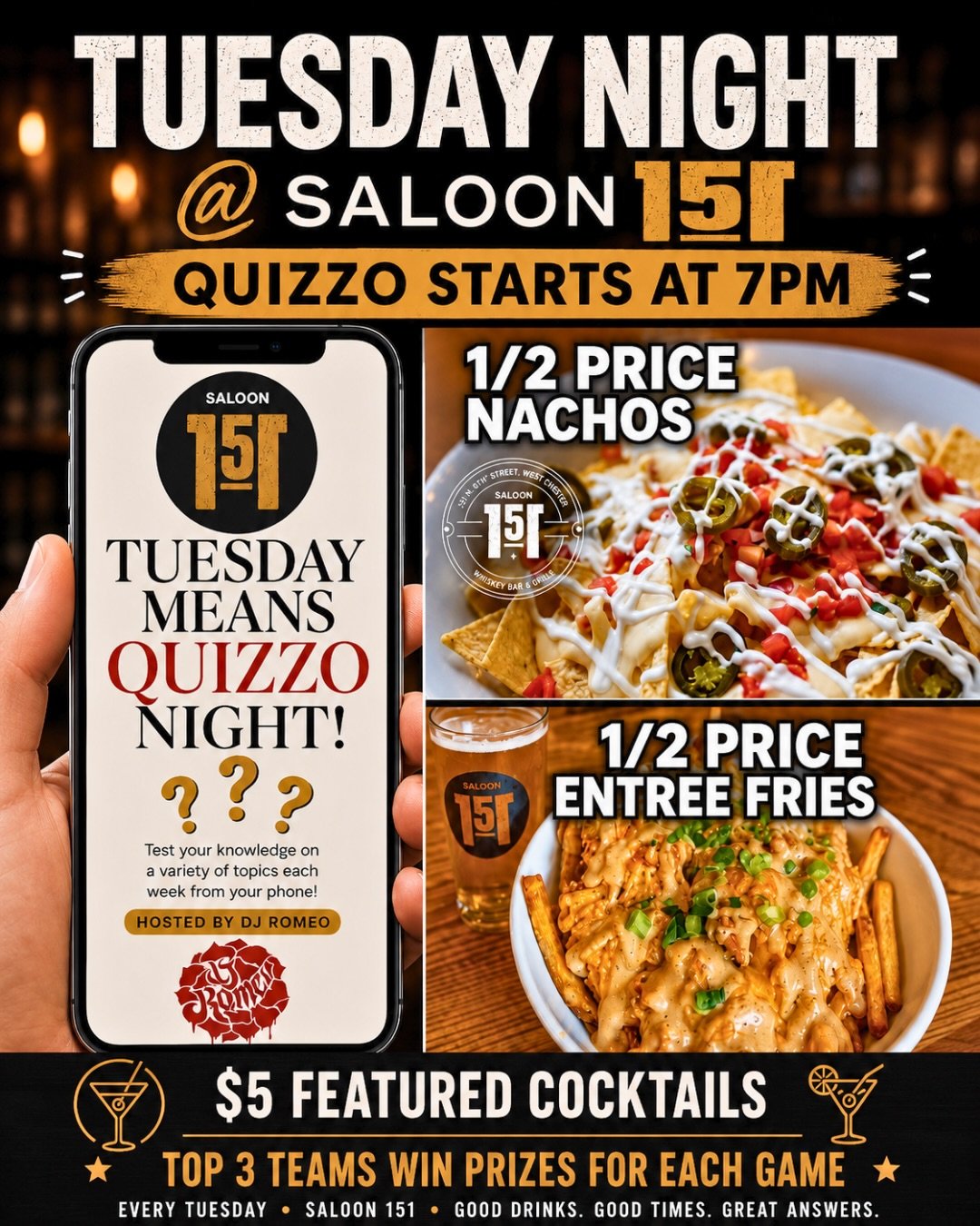 🏆🧠 Game Night at Saloon 151! 🎶🏆 

Grab your crew and test your GENERAL knowledge tonight with DJ Romeo! 🎤🤓 

🏆 Top 3 teams win prizes
🍸 $5 featured cocktails &amp; TROEGS
😋 1/2 price nachos &amp; entr&eacute;e fries
🎯 3 games of Quizzo

📍 