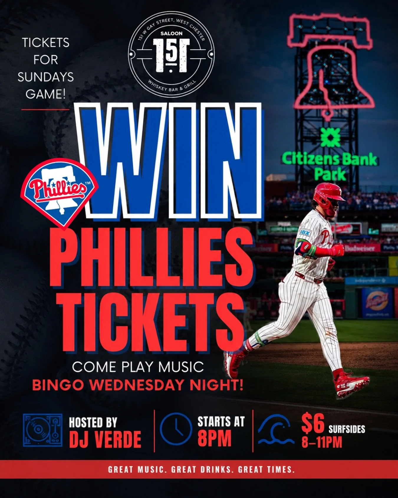 ⚾️🎟️ WIN PHILLIES TICKETS! 🎟️⚾️

Join us TONIGHT at Saloon 151 for Music Bingo and your chance to score Phillies tickets for Sunday&rsquo;s game! Plus gift cards!

🎧 Hosted by DJ Verde
🕗 Starts at 8PM
🌊 $6 Surfsides | 8PM&ndash;11PM
🎵 Free to p