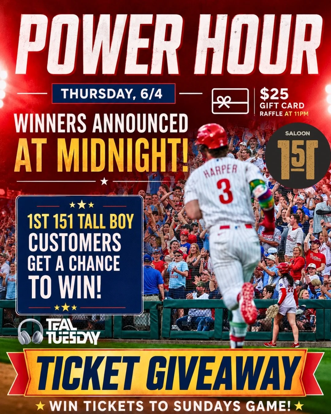 ⚾️ WIN PHILS TICKETS @ POWER HOUR TONIGHT! ⚾️

Join us tonight for your chance to win Phillies tickets to Sunday&rsquo;s game!

🏆 First 151 Tall Boy customers receive an entry
🎟️ Ticket giveaway winners announced at midnight
💳 Plus a $25 gift card