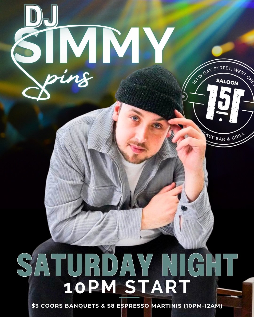 Saturday nights at Saloon 151 🔥

DJ Simmy Spins is back bringing the energy all night long 🎧
Party starts at 10PM &mdash; come ready to dance, drink, and vibe 🍻

Grab your crew and let&rsquo;s make it a night 💥

#Saloon151 #WestChesterPA #Saturda