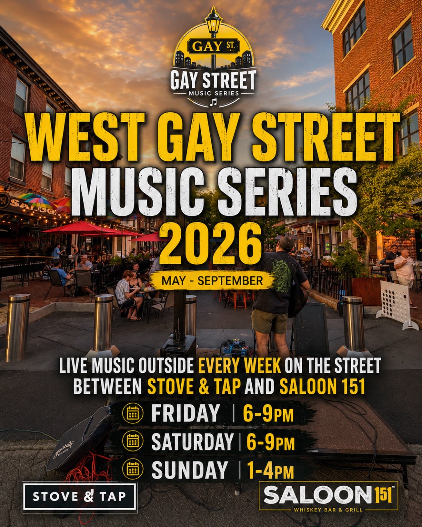 Live music on the street 🎶 (Weather permitting)

From Friday evenings to Sunday afternoons, join us in the heart of downtown West Chester for the 2026 West Gay Street Music Series. If the weather isn&rsquo;t cooperating the music will move inside.

