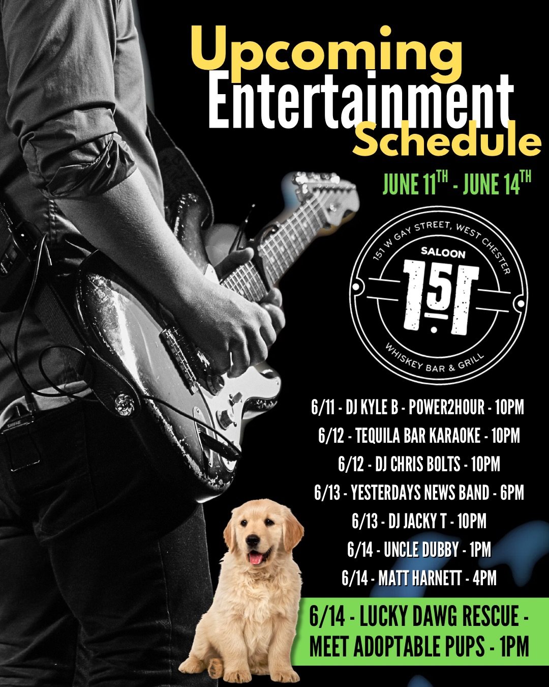 ⚽🎶 The weekend starts now at Saloon 151!

From Thursday through Sunday, we&rsquo;ve got everything you need:
🎸 Live Music
🎧 DJs
⚽ World Cup Action
🍻 Great Drink Specials
🍔 Late-Night Eats
🎤 Karaoke &amp; More

Whether you&rsquo;re stopping in f
