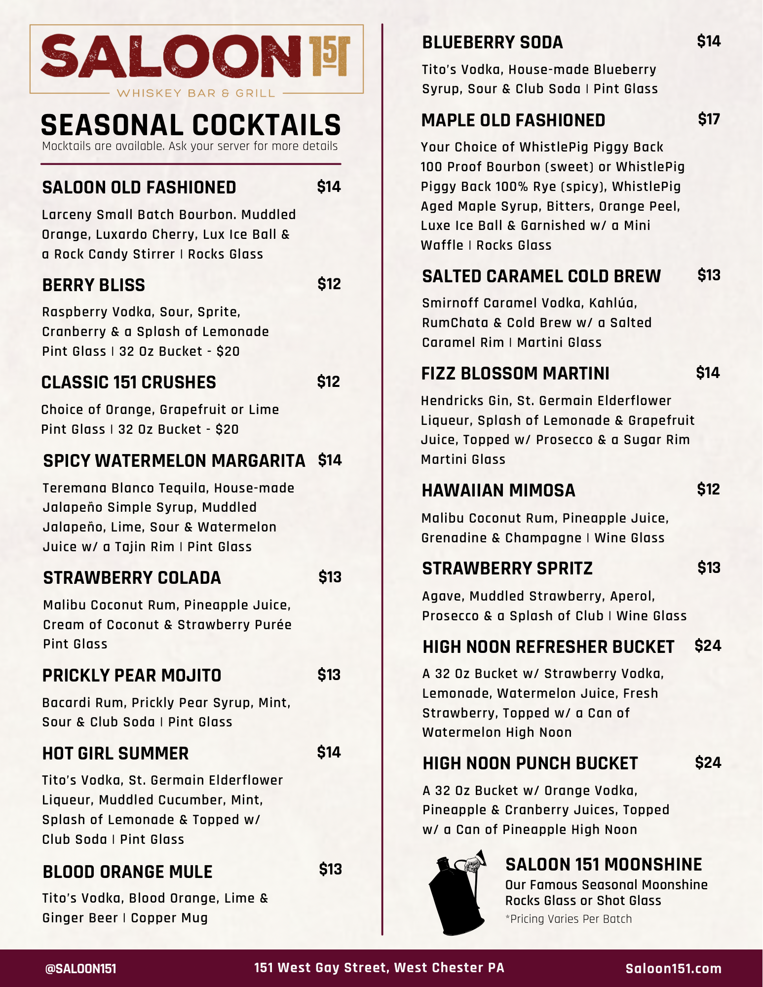 Saloon Menu West Chester Restaurant - Saloon 151 Whiskey Bar & Grill - The Tequila ...