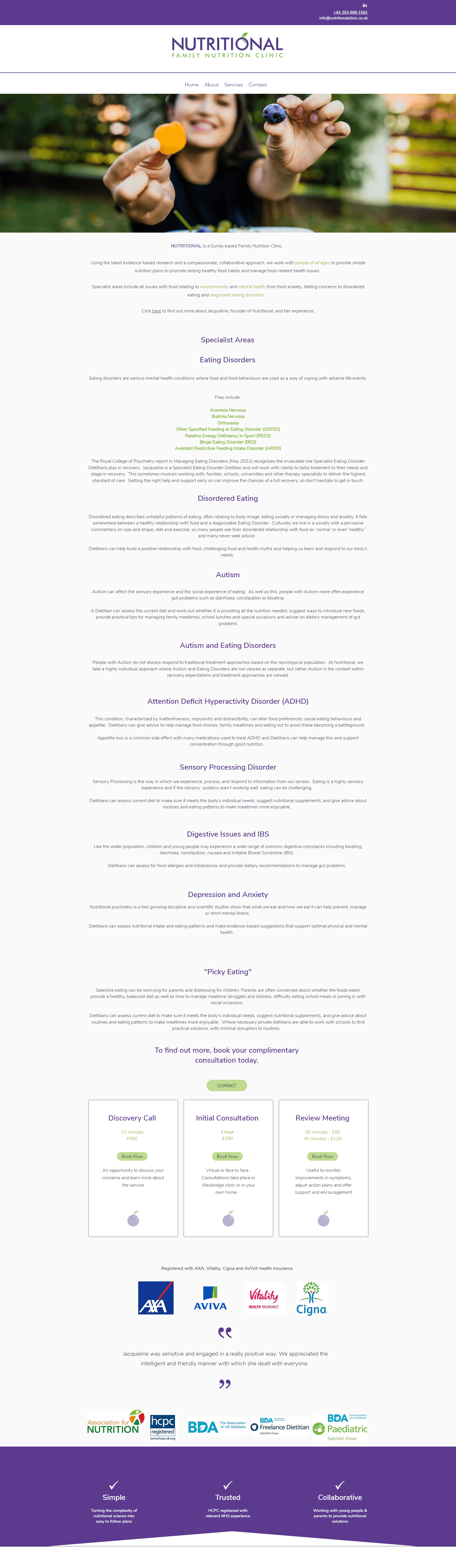 Before screenshot of nutrition counseling homepage with outdated layout and unclear client journey before website refresh.