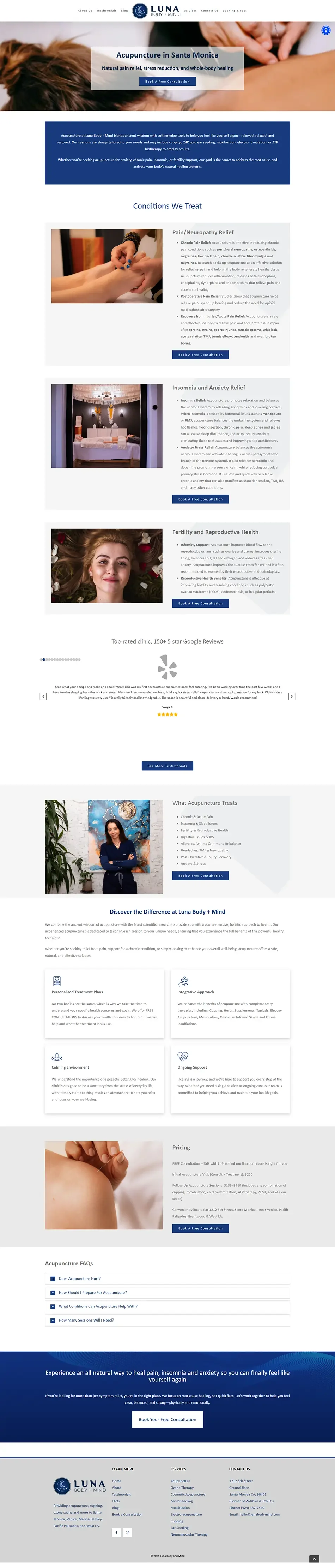 Redesigned acupuncture service page with an elegant navy layout, clear sections for services, and improved SEO for WordPress.