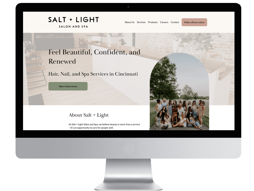 Squarespace salon website design homepage for a salon and spa with a simple, elevated layout in sage, cream, and rose.