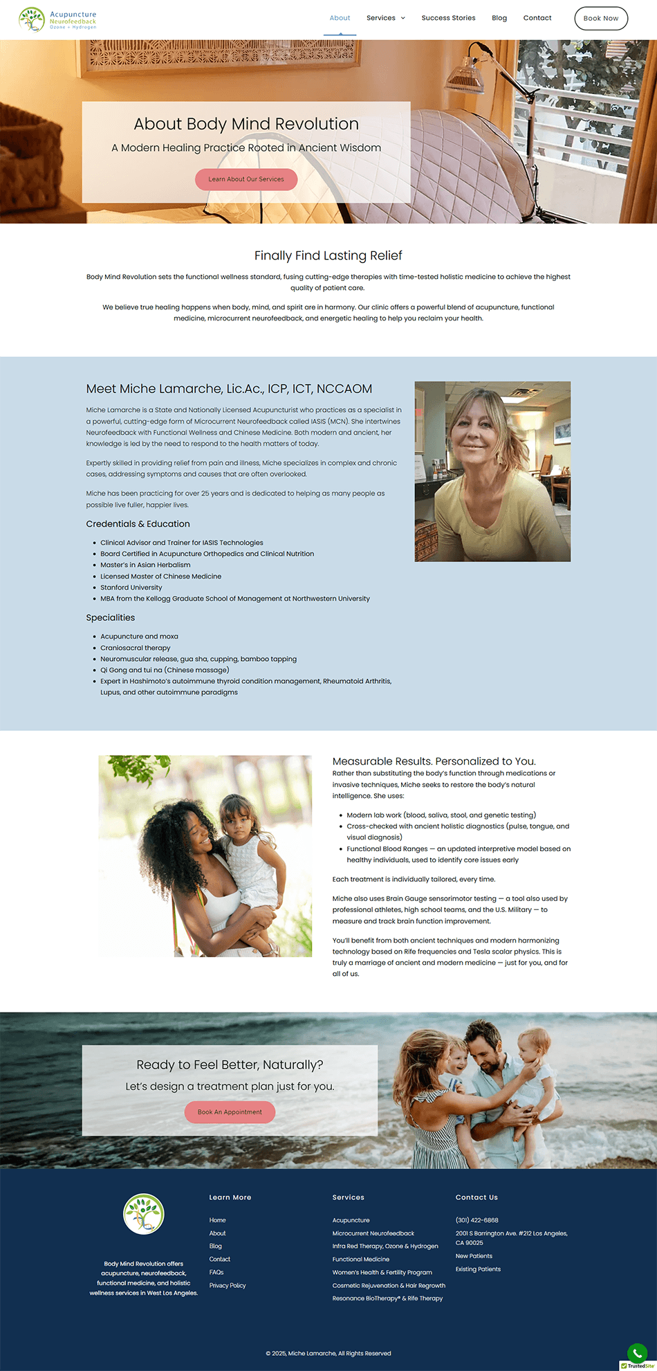 About page for WordPress acupuncture clinic website featuring practitioner information, clean design, and professional branding.