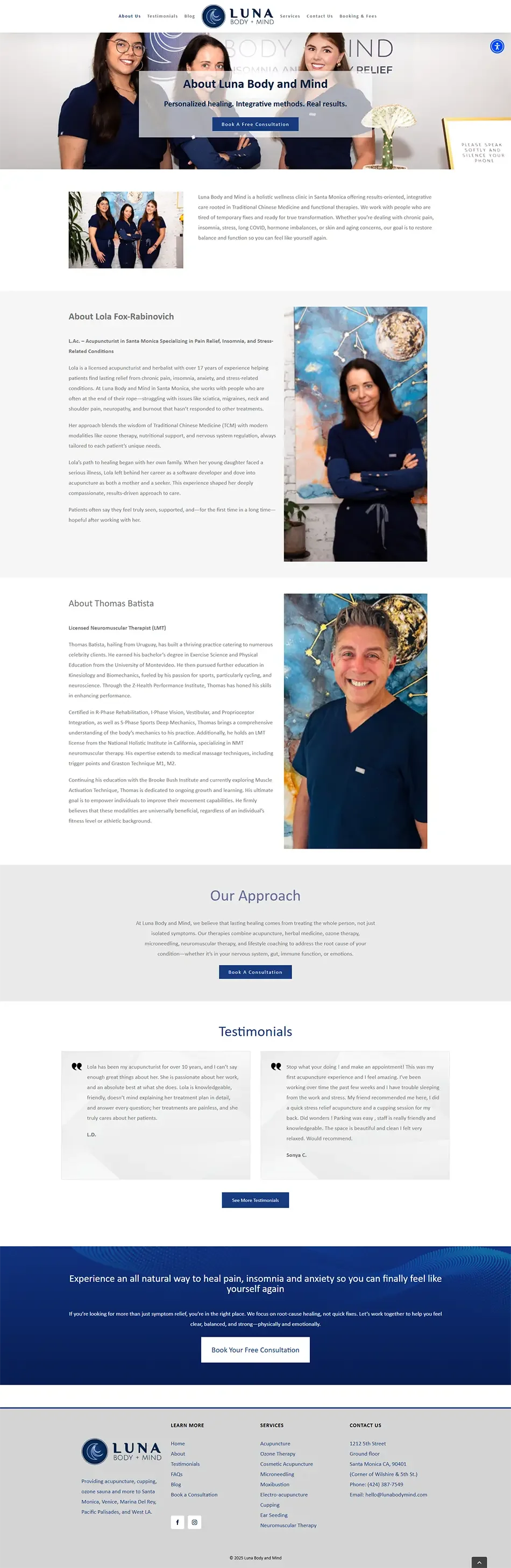 Refreshed About page on the Luna Body and Mind WordPress acupuncture website featuring both practitioners in a professional, elegant design.