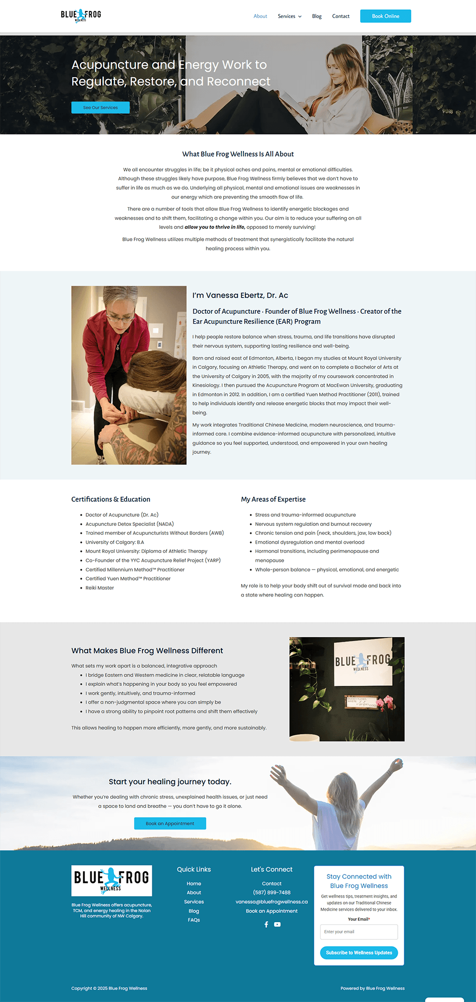 About page for Elementor acupuncture clinic website featuring practitioner information, clean layout, and welcoming blue and purple branding.