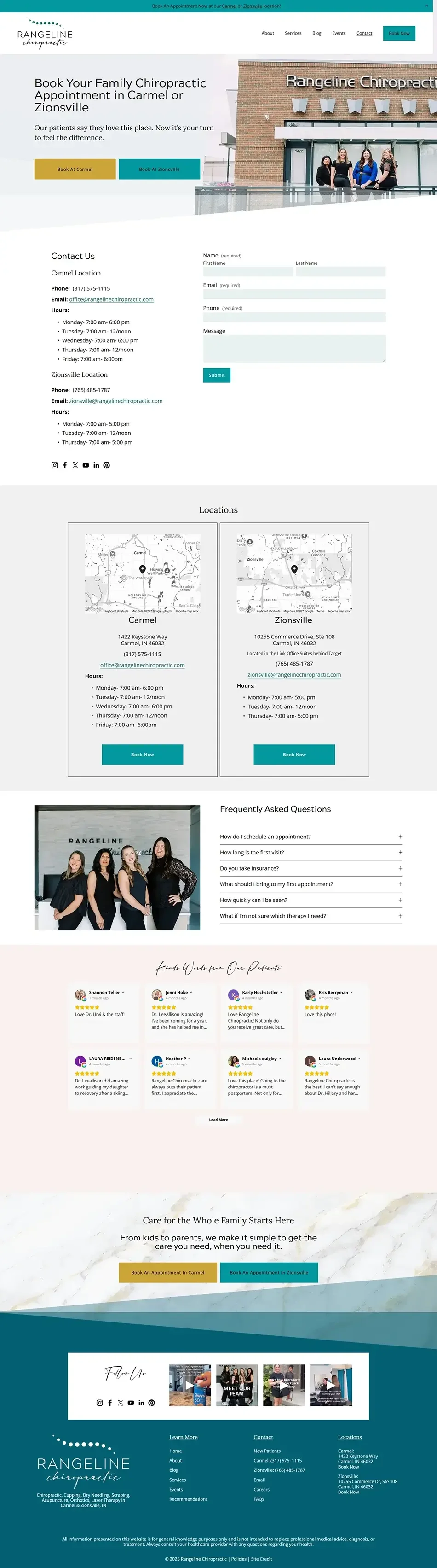 Redesigned contact page with scheduling options for two chiropractic office locations