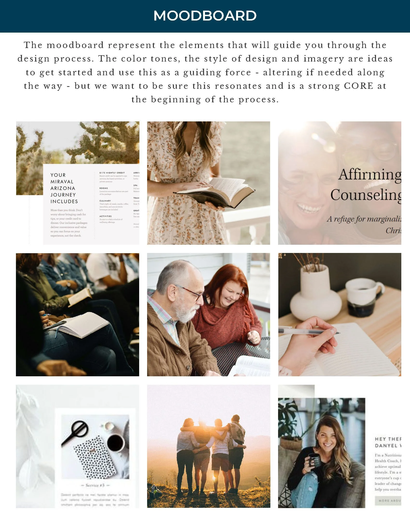 Design mood board for a consultant website featuring professional branding, accessible color combinations, and mission-driven visuals.