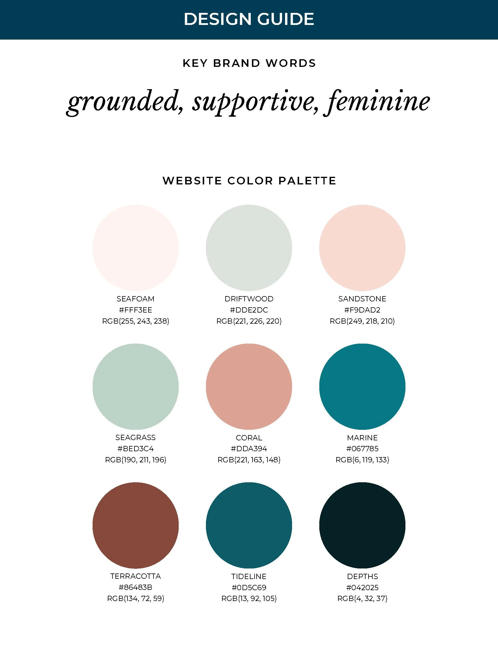 Strategy guide page showing Dr. Stephanie Martin’s light and grounded brand colors — sage, light blue, white — with brand words like supportive, calm, and professional.