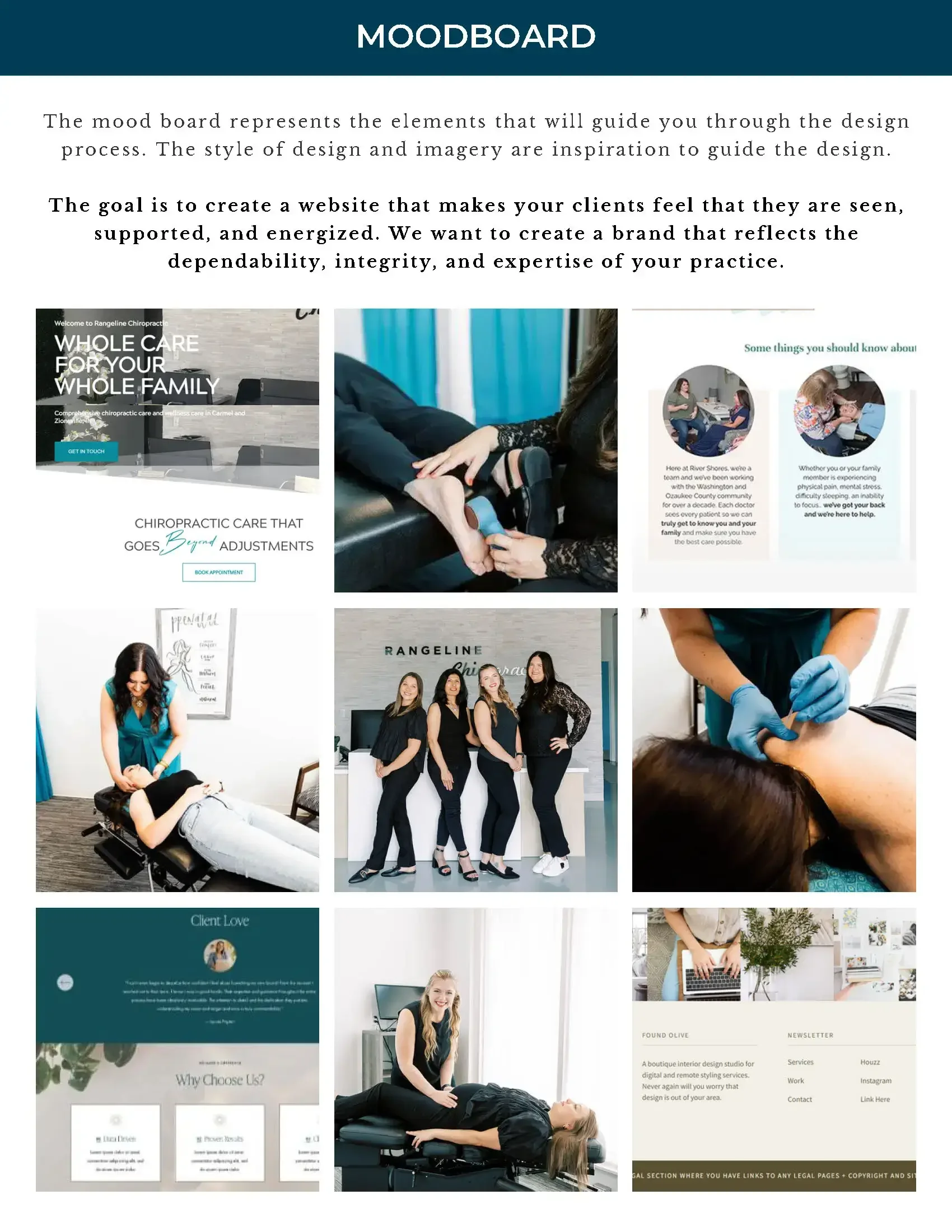 Mood board for a fun, elegant chiropractor website using teal, navy, and gold for a professional yet welcoming brand