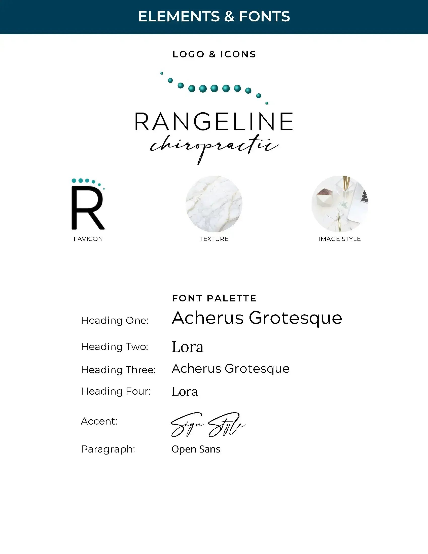 Fonts, favicon, and design elements used for an elegant and professional chiropractor website