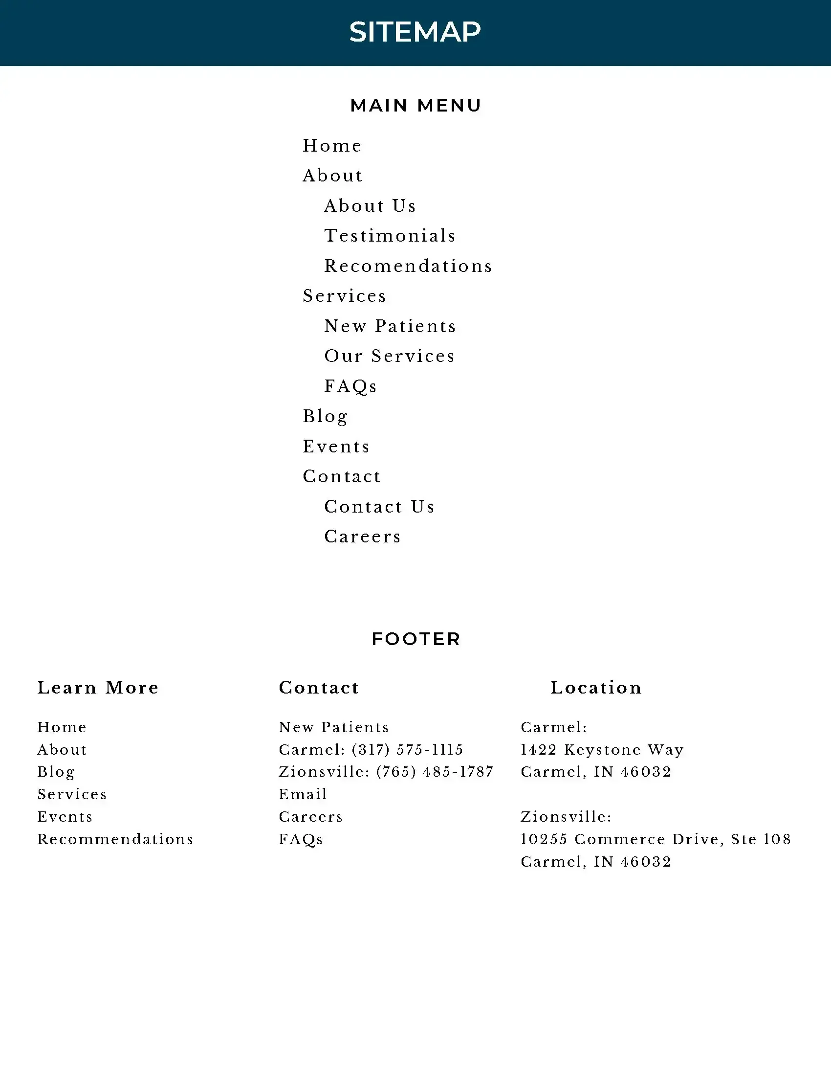 Site plan for custom Squarespace website with multiple service pages, events, and blog struct