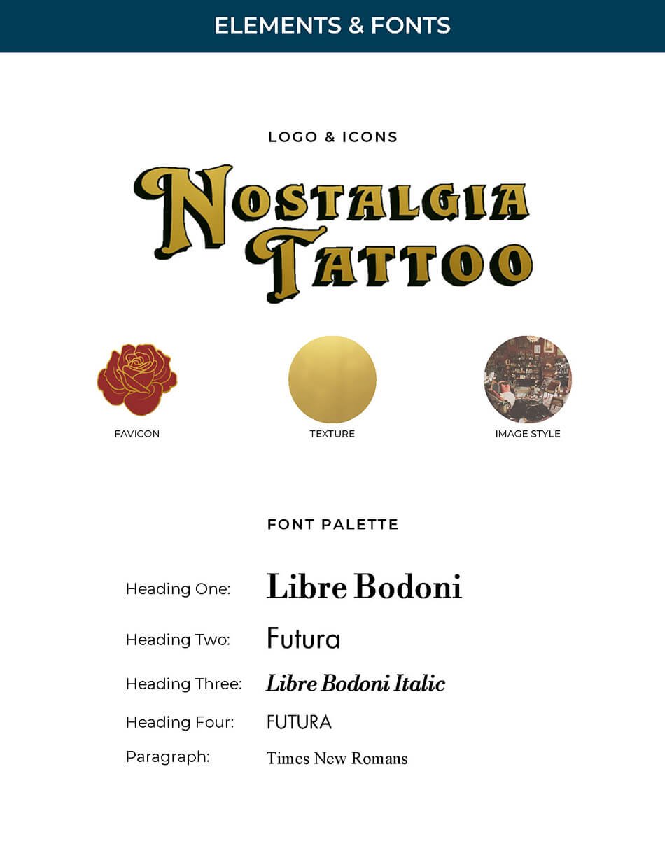 Typography and logo concepts for nostalgic tattoo studio website brand featuring vintage-inspired fonts and custom visual identity.