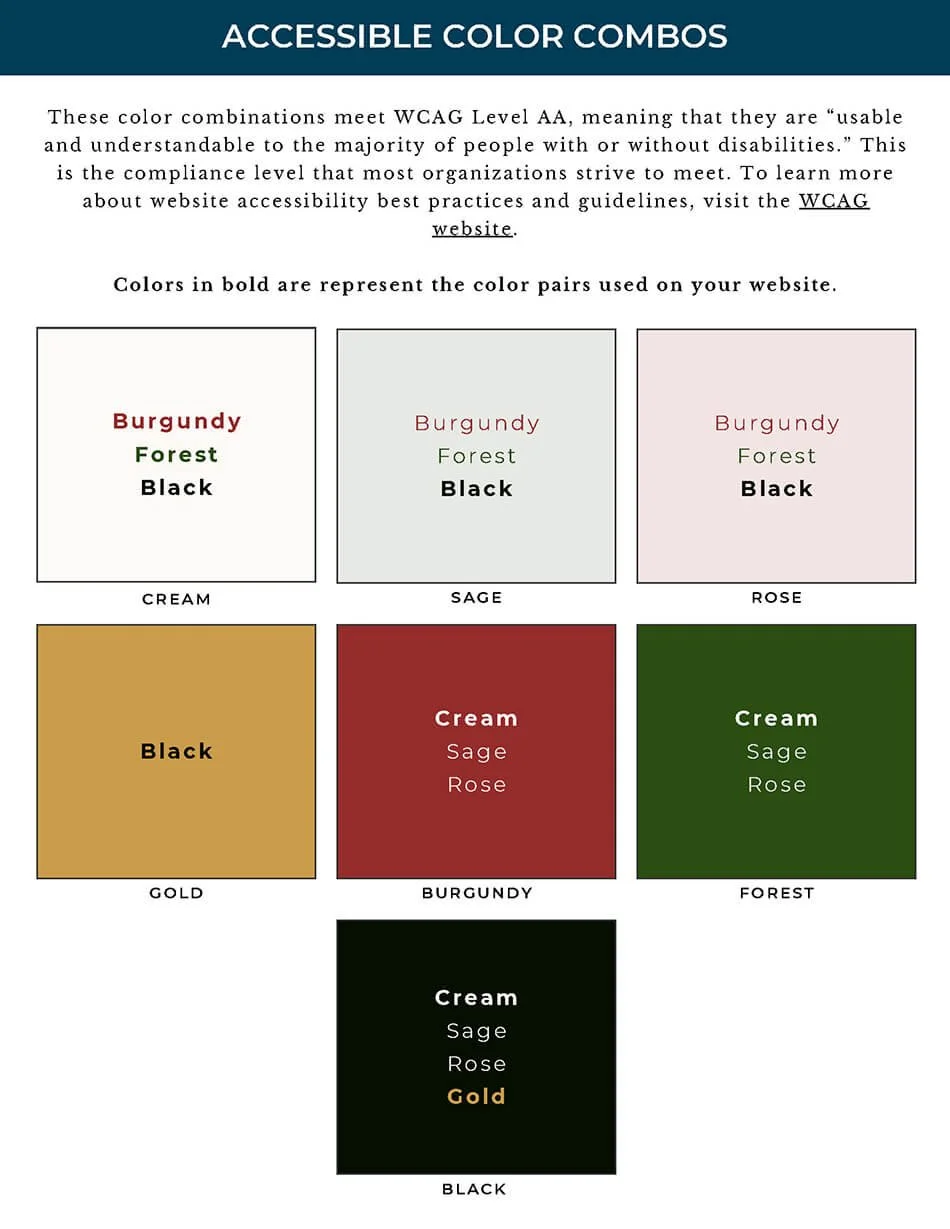 Accessible color combinations for tattoo studio website design using burgundy, green, gold, and high-contrast text pairings.