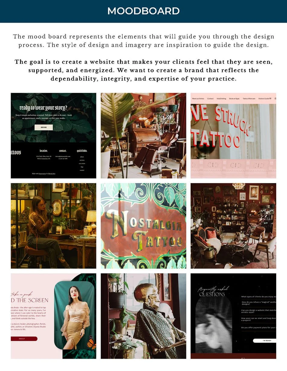 Brand mood board for tattoo studio website design featuring nostalgic, nature-inspired, maximalist visuals with curated vintage details.