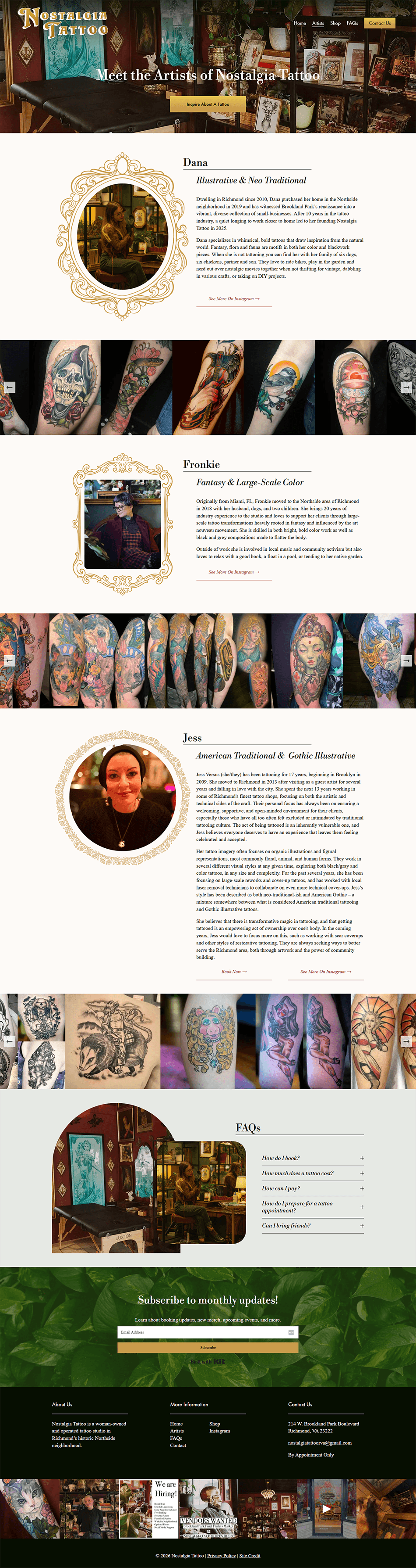 Tattoo artists page featuring artist bios, styles, and portfolio previews in a nostalgic custom website design.