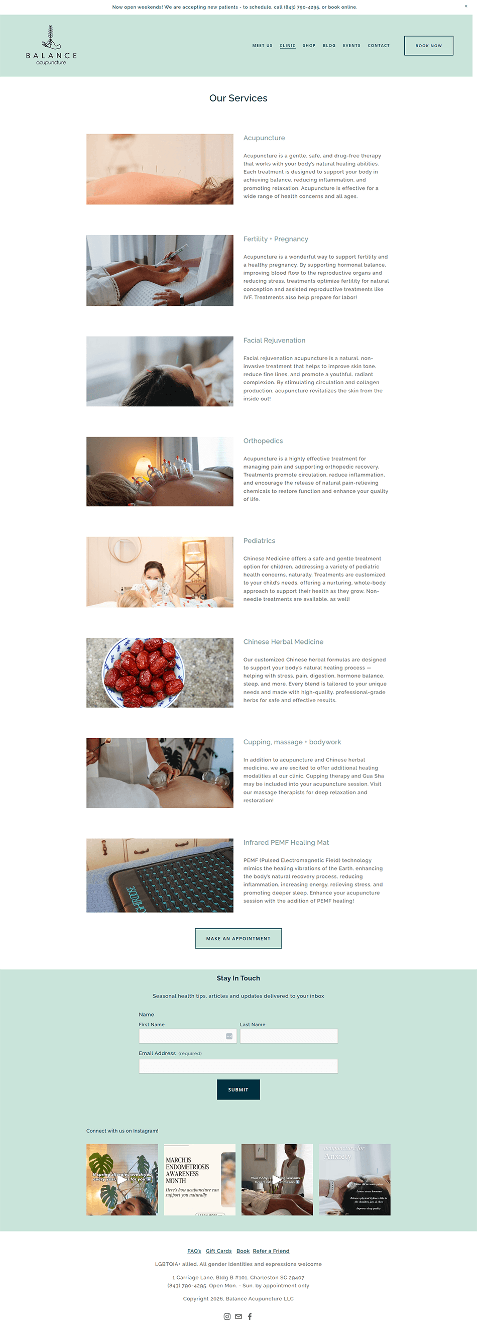 Before screenshot of acupuncture services page with hard-to-scan information, unclear service details, and outdated Squarespace design.