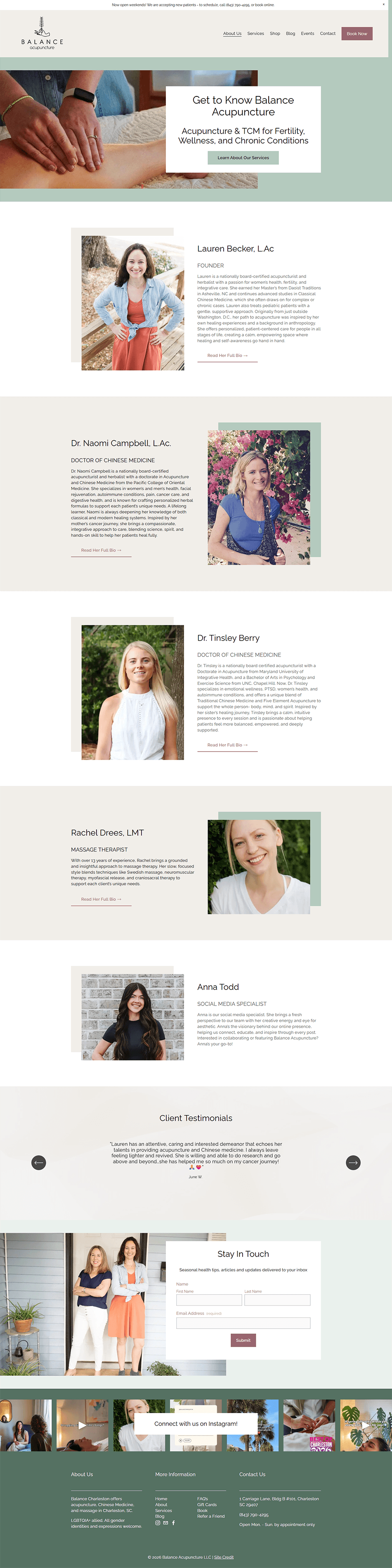 Updated About page for Squarespace acupuncture website with minimalist design, practitioner story, and welcoming branding.