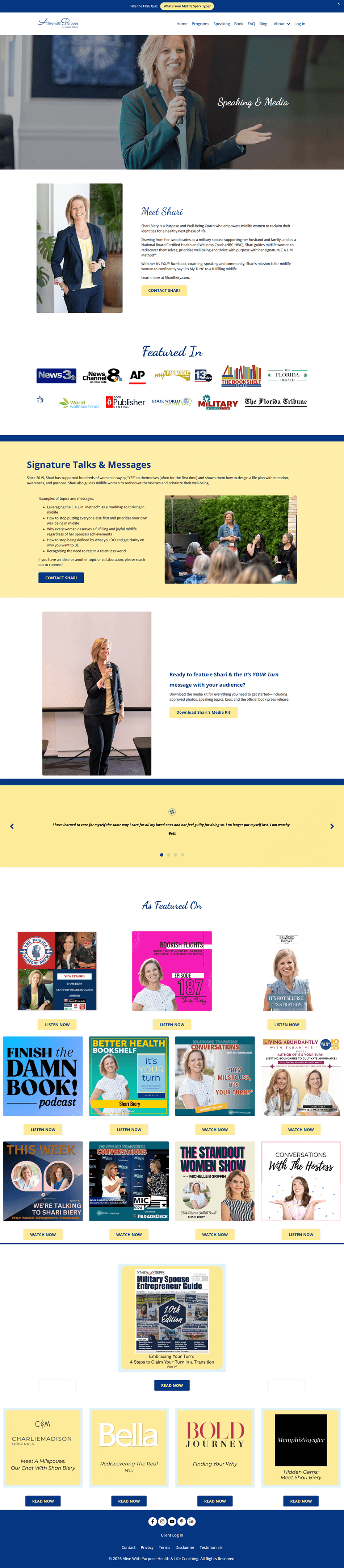 Before screenshot of a life coach speaking page in Kajabi before the website design refresh.