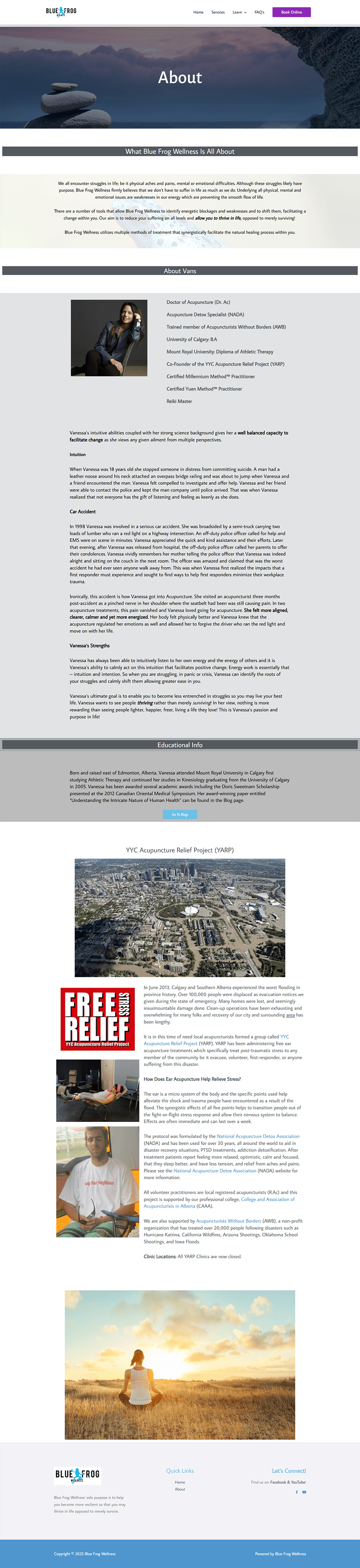 Before screenshot of About page for acupuncture clinic website with cluttered content and limited visual structure.