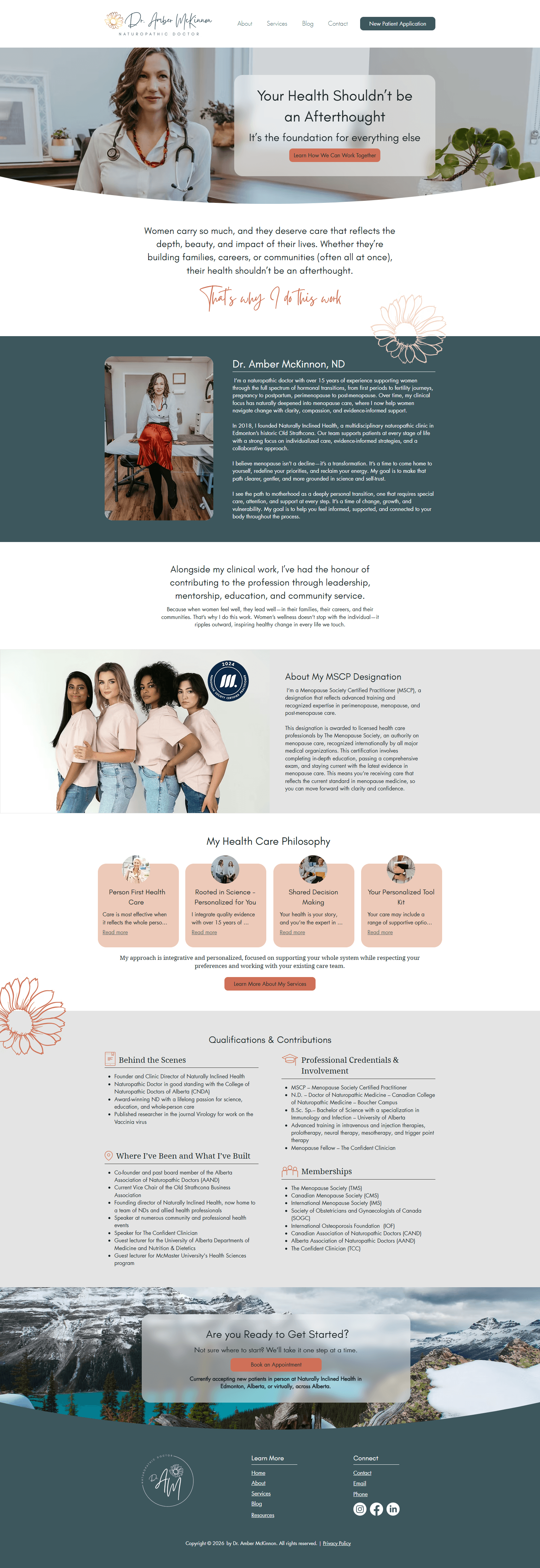 About page for doctor website design with welcoming practitioner information, clean layout, and calming terracotta and teal accents.