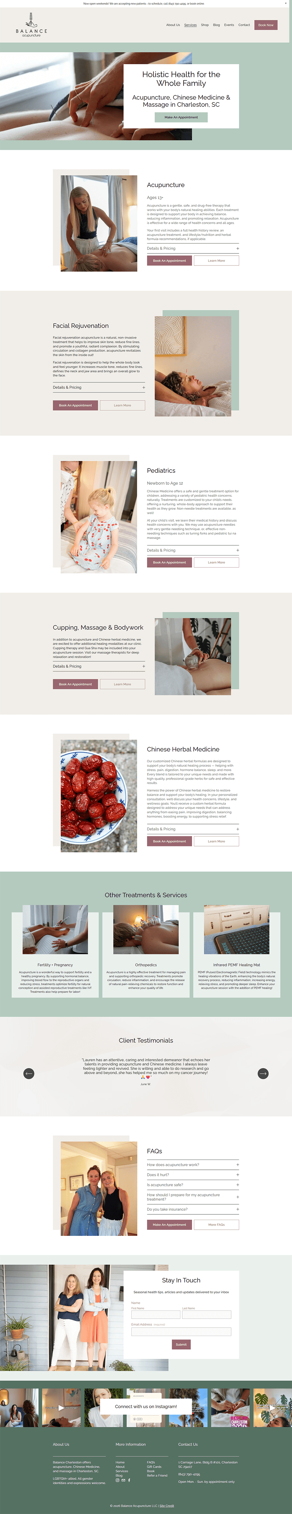 Refreshed Squarespace acupuncture services page with clear treatment options, minimalist layout, and local SEO-focused website design.