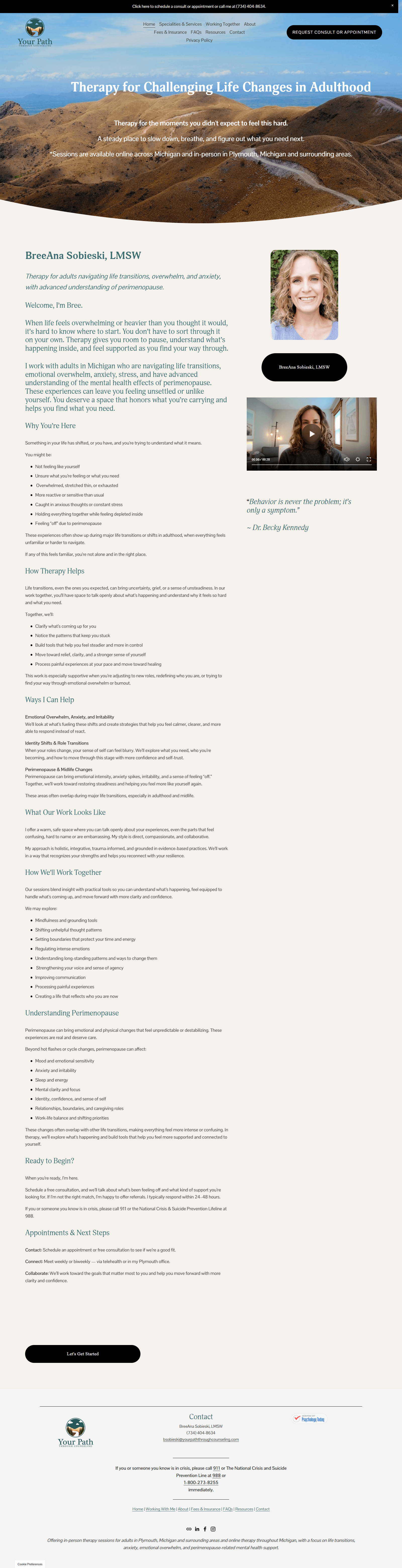 Before screenshot of a therapist website homepage prior to the Squarespace design and SEO refresh.