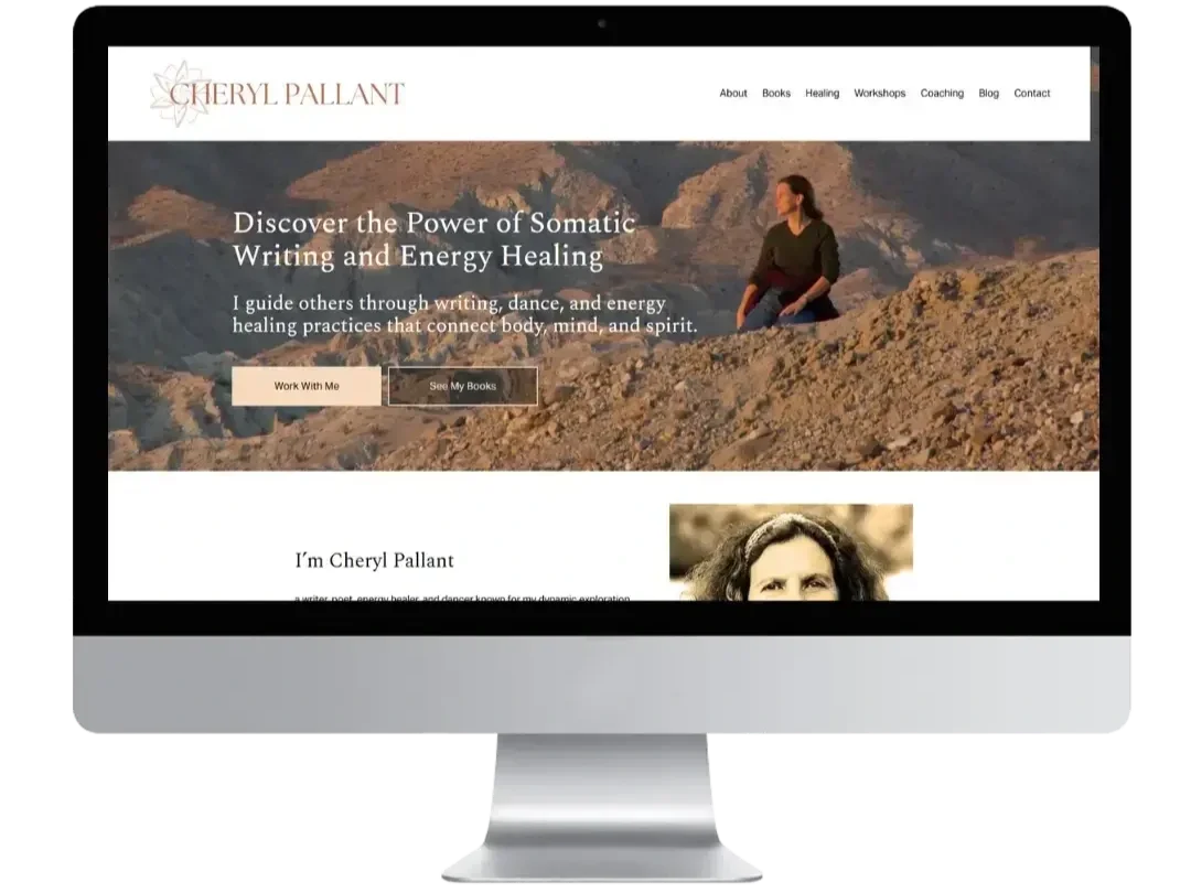 Preview of clean Squarespace author website design with a warm, natural aesthetic for an energy healer and multi-passionate creative