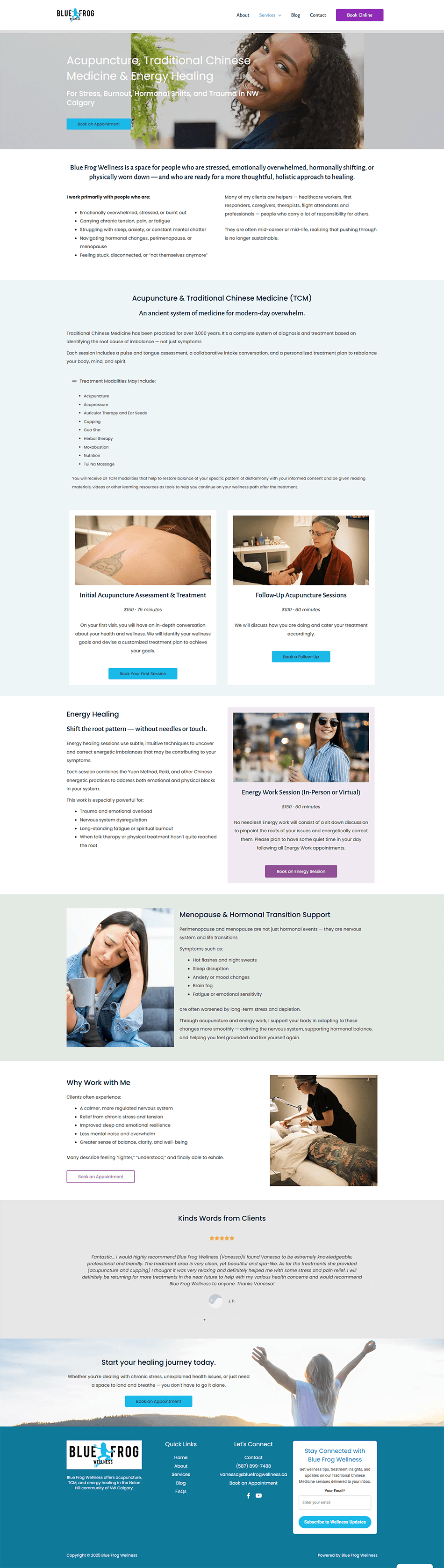 Services page for acupuncture and TCM clinic website showcasing treatments with clear sections and simple Elementor website design.