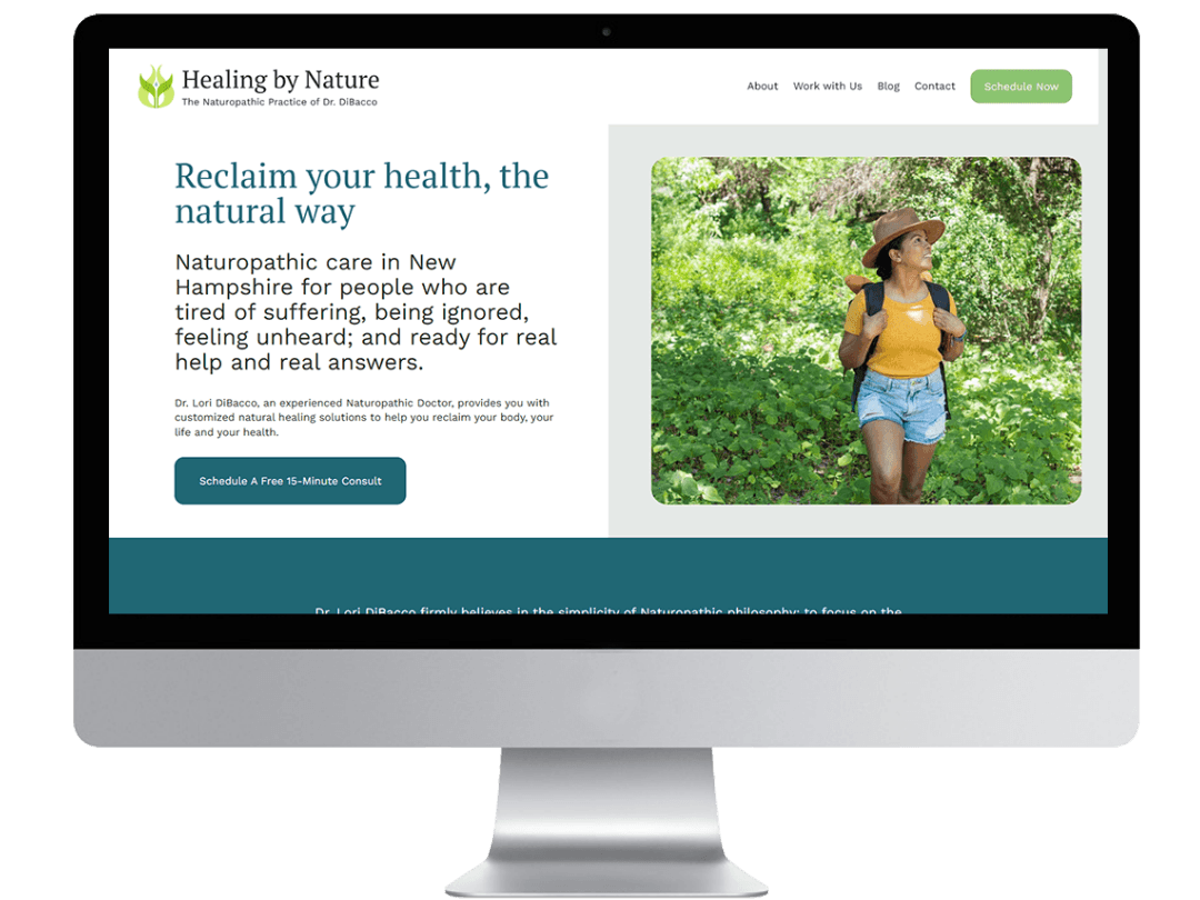 Naturopath website design preview with a bright, natural look featuring blue and green accents and simple navigation.