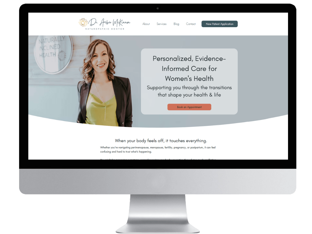 Doctor website design preview for a naturopathic doctor with a clean, welcoming layout in white, gray, terracotta, and teal.
