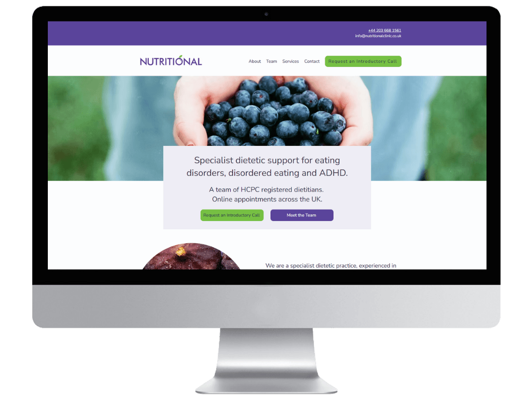 Nutrition counseling website preview with a clean, easy-to-navigate design in purple, green, and white.