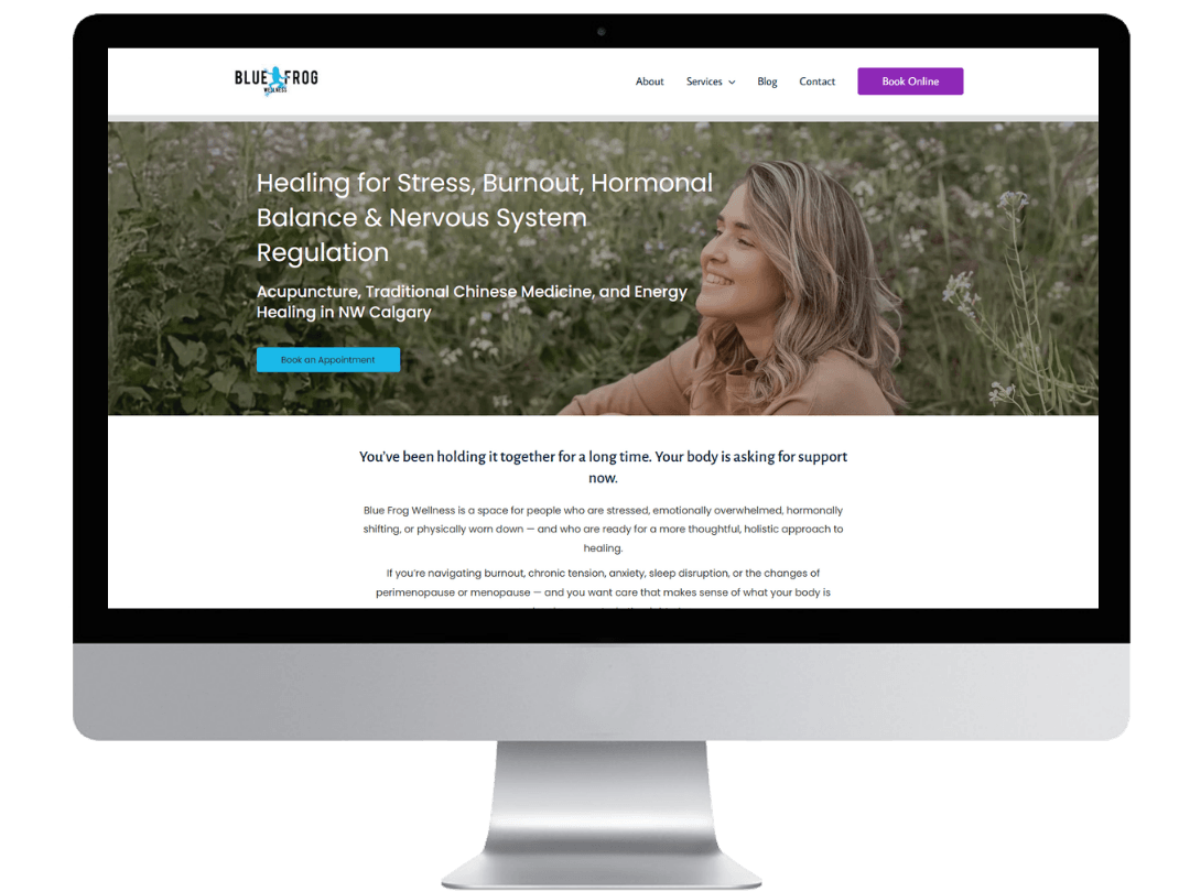 Elementor acupuncture website design homepage for a TCM clinic with a simple, clean, bright layout in blue and purple.