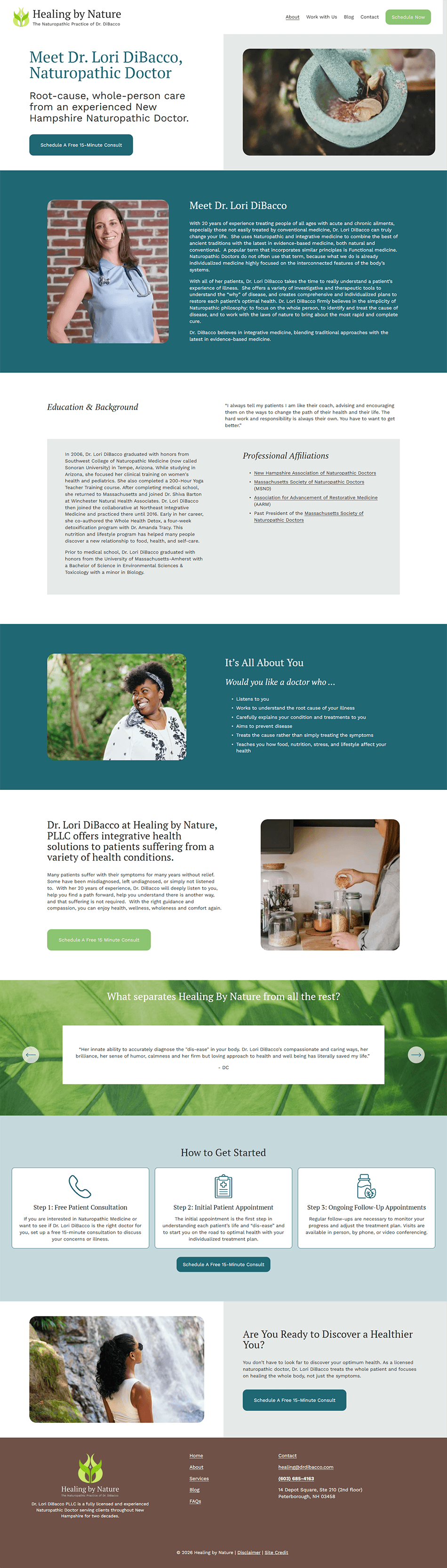 Updated naturopath About page with a welcoming layout, natural imagery, and clear information about the doctor and approach to care.