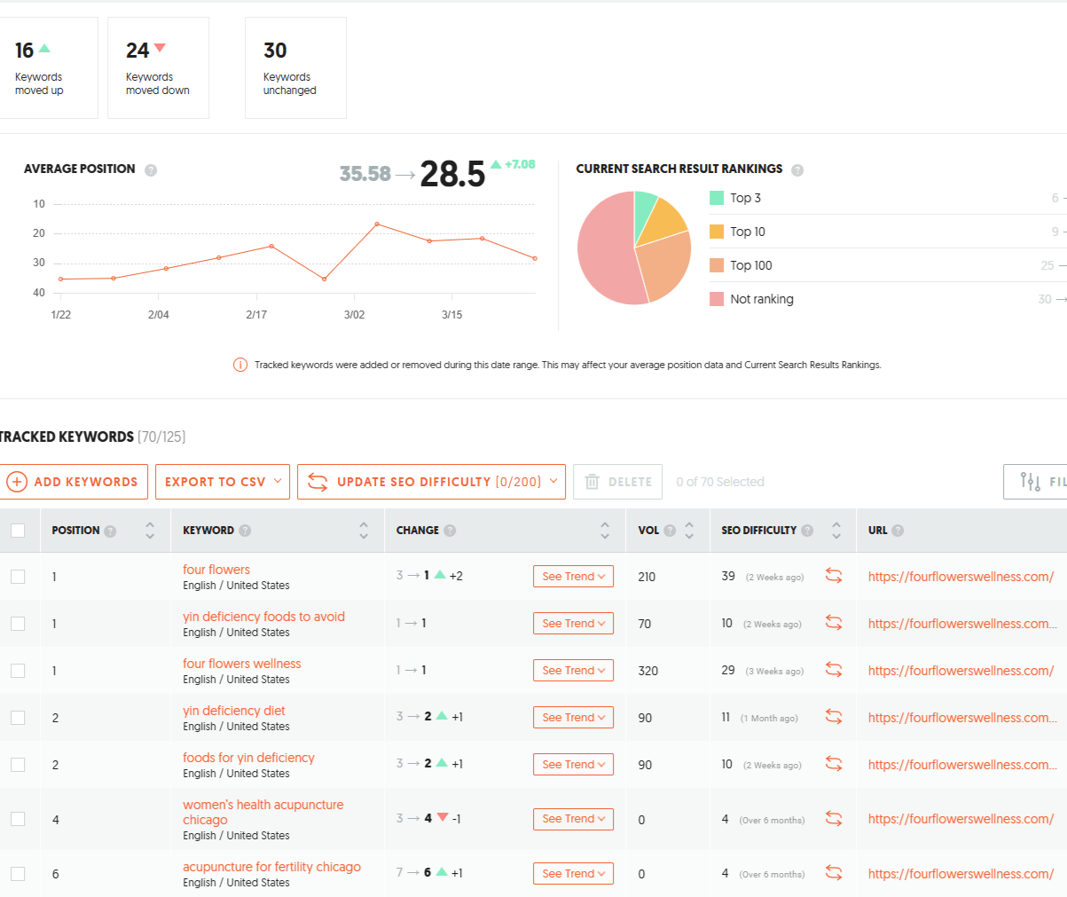 SEO rankings graph showing improved search positions after functional medicine website design refresh.
