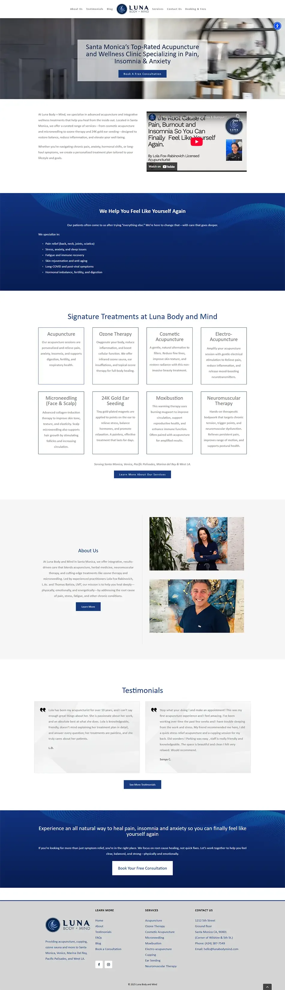Updated WordPress homepage for Luna Body and Mind showing a clean, elegant acupuncture website design with navy accents and simple booking flow.