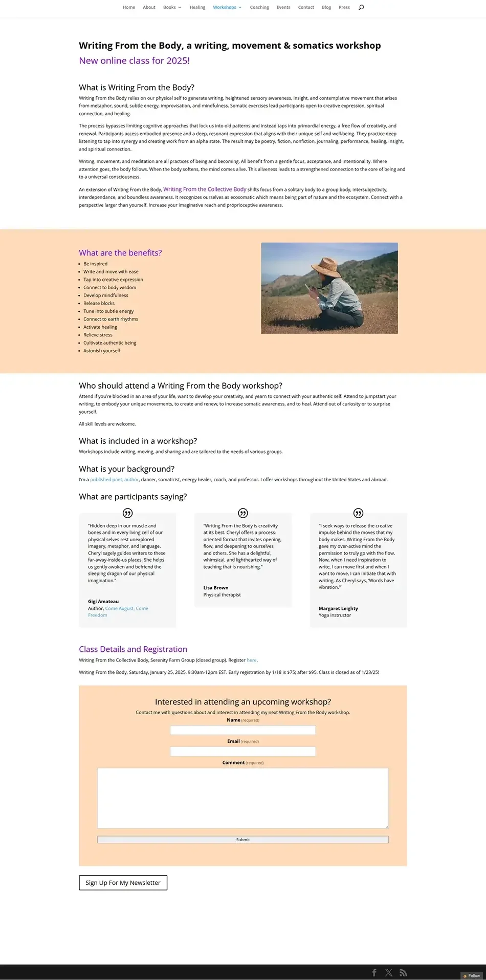 Workshop page on author website before redesign, lacking structure and SEO optimization