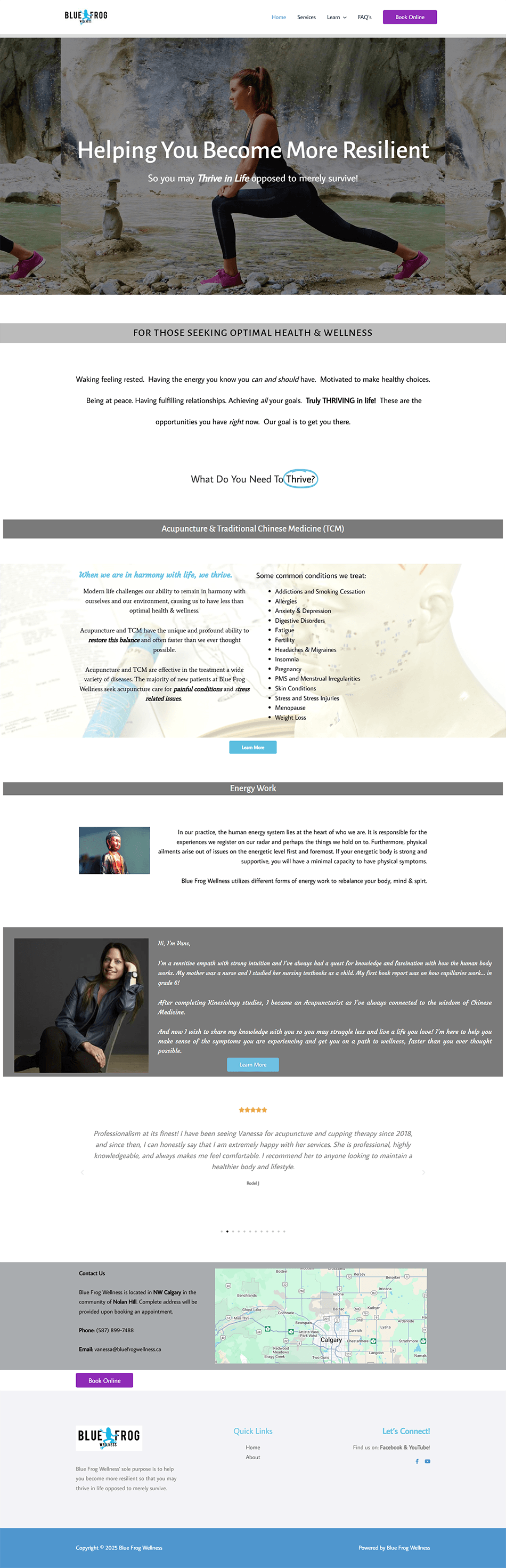 Before screenshot of Elementor WordPress acupuncture clinic homepage with unfocused messaging and outdated layout.