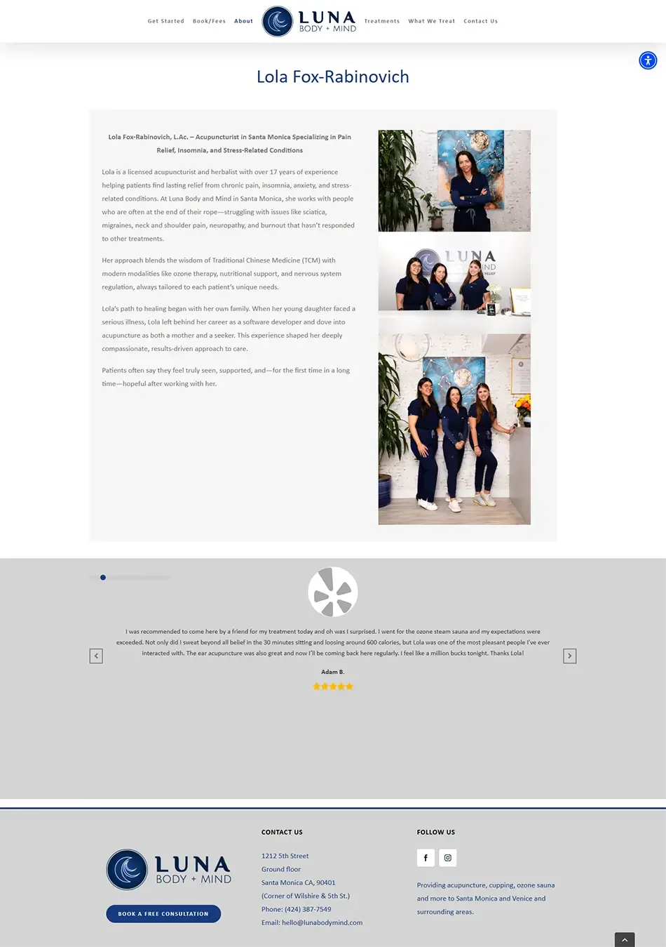 Before view of Luna Body and Mind’s About page with limited practitioner information and inconsistent formatting.