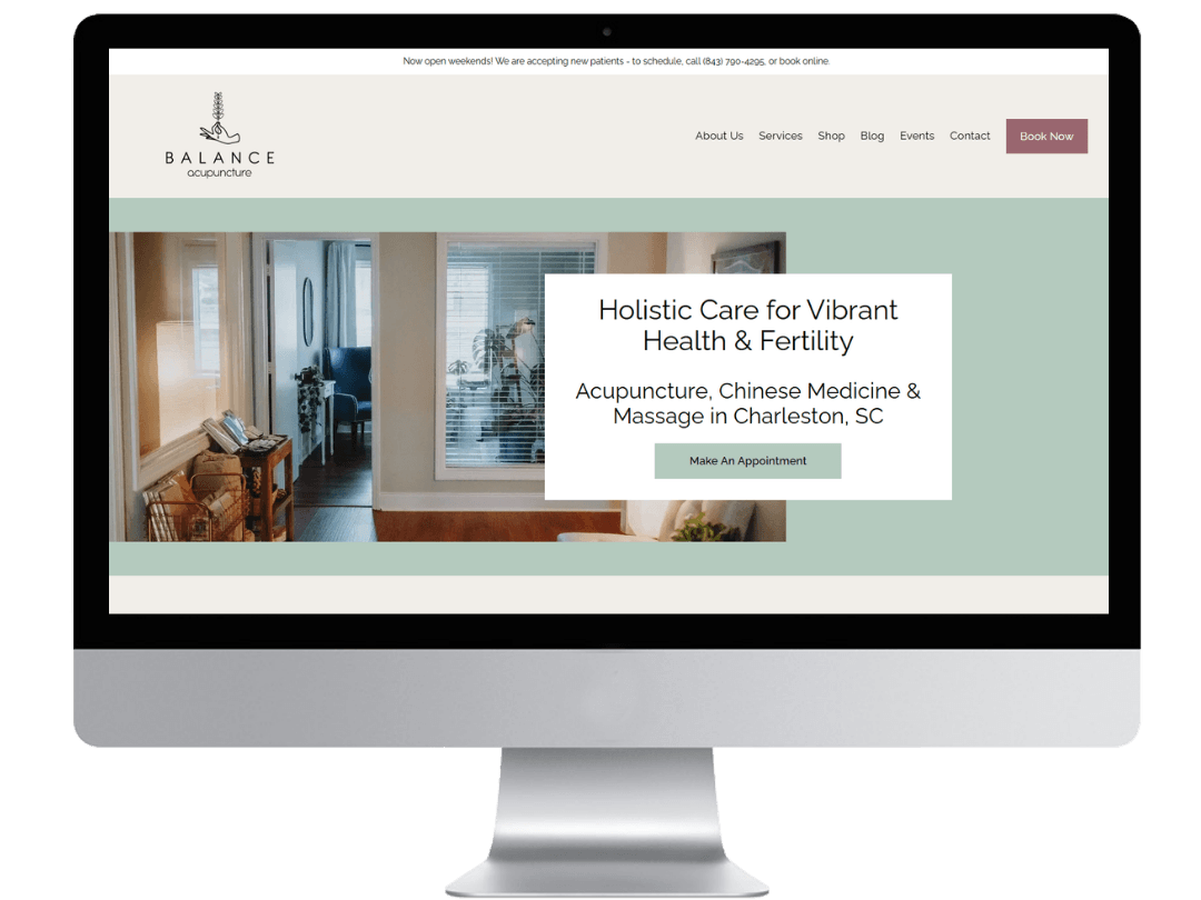 Squarespace acupuncture website design homepage with a calm, minimalist, modern layout in white, teal, tan, and mauve.