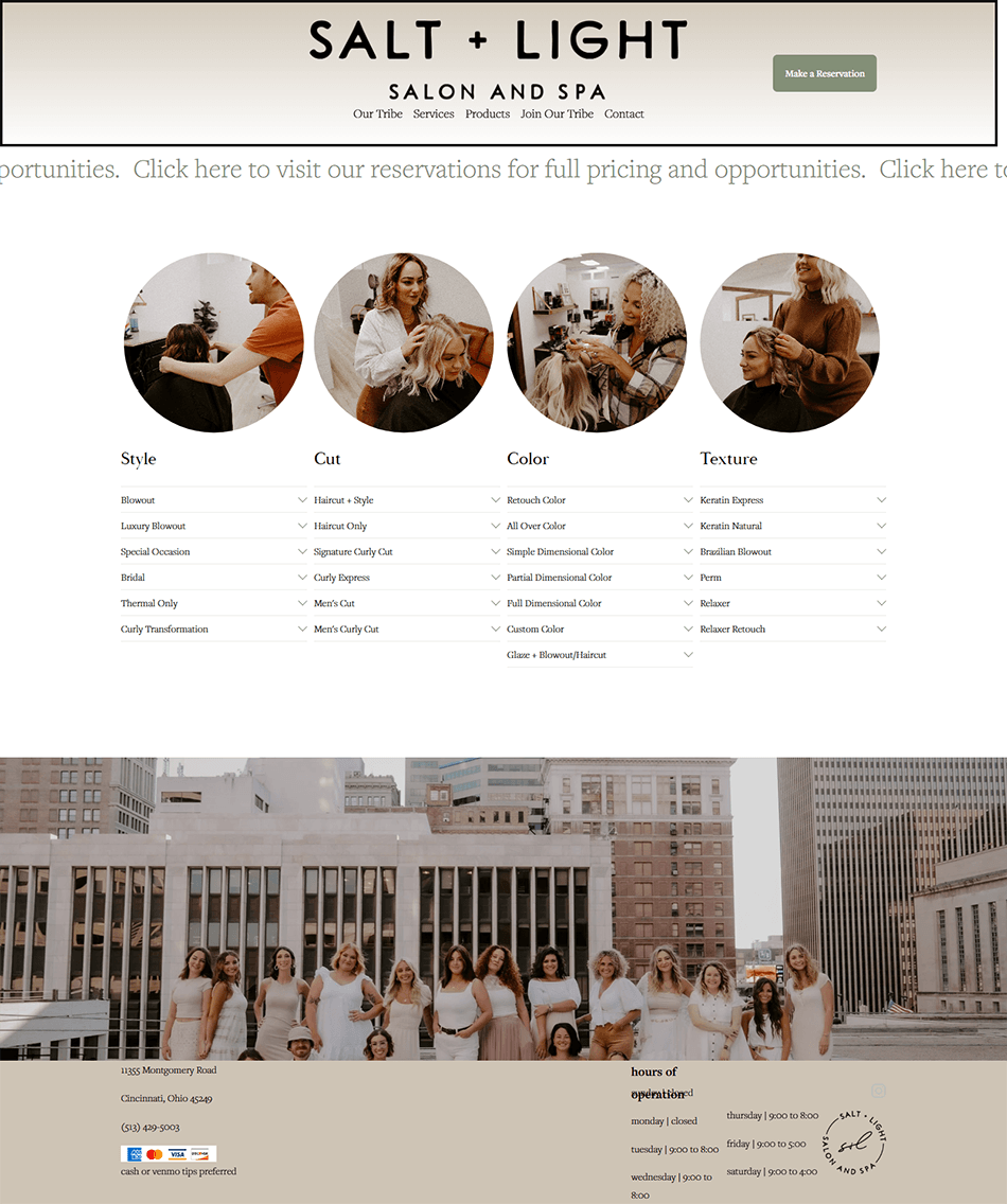 Before screenshot of hair services page with outdated formatting and limited service descriptions.