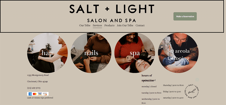 Before screenshot of salon services page with unclear pricing and difficult-to-browse service menu.