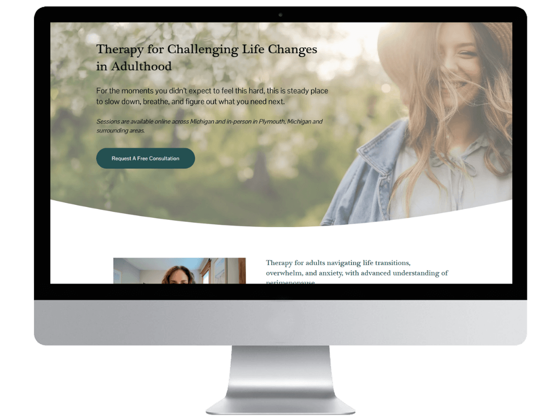 Therapist website design preview with a warm, welcoming, and natural look designed to help potential clients feel at ease.