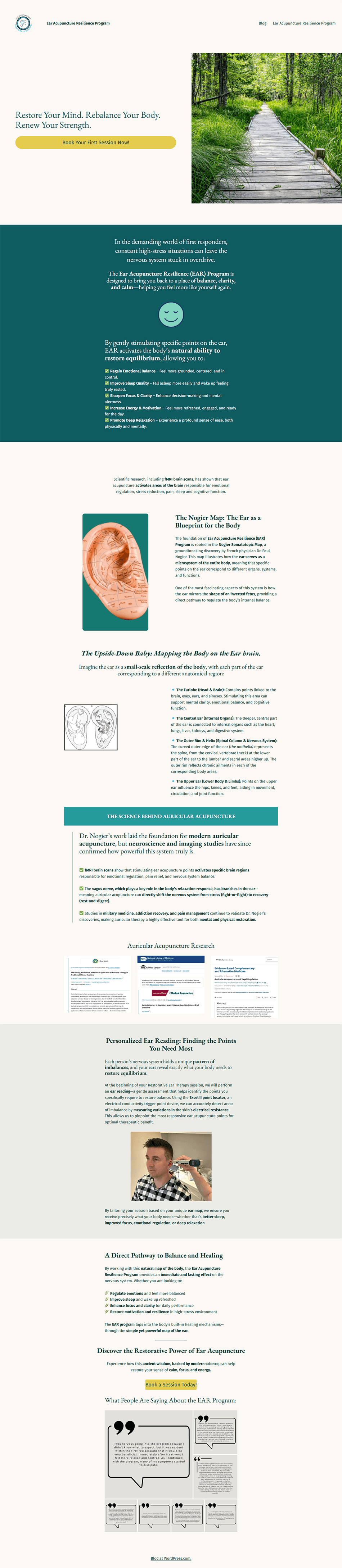 Before screenshot of acupuncture wellness program homepage with basic layout and limited messaging before website refresh.