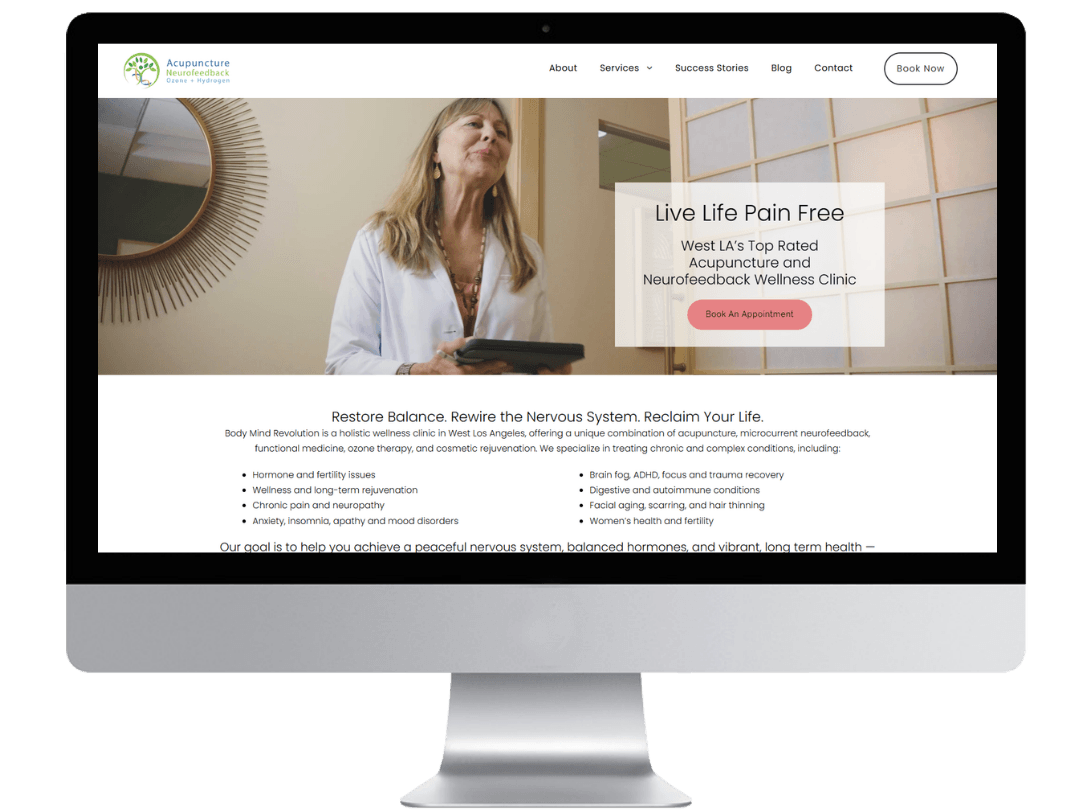 WordPress clinic website design homepage for an acupuncture and wellness practice with a simple, clean layout in blue, yellow, and white.