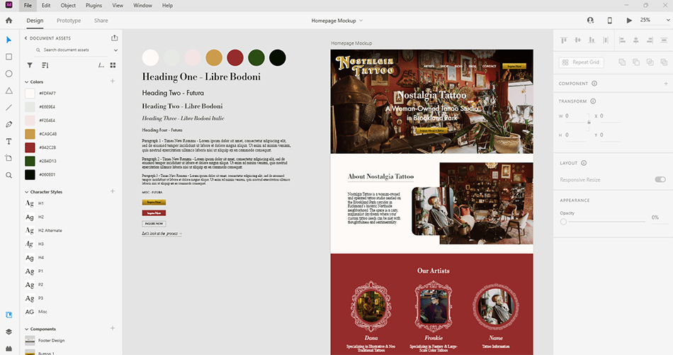 Homepage mockup for custom tattoo studio website design with bold visuals, vintage styling, and strategic booking layout.