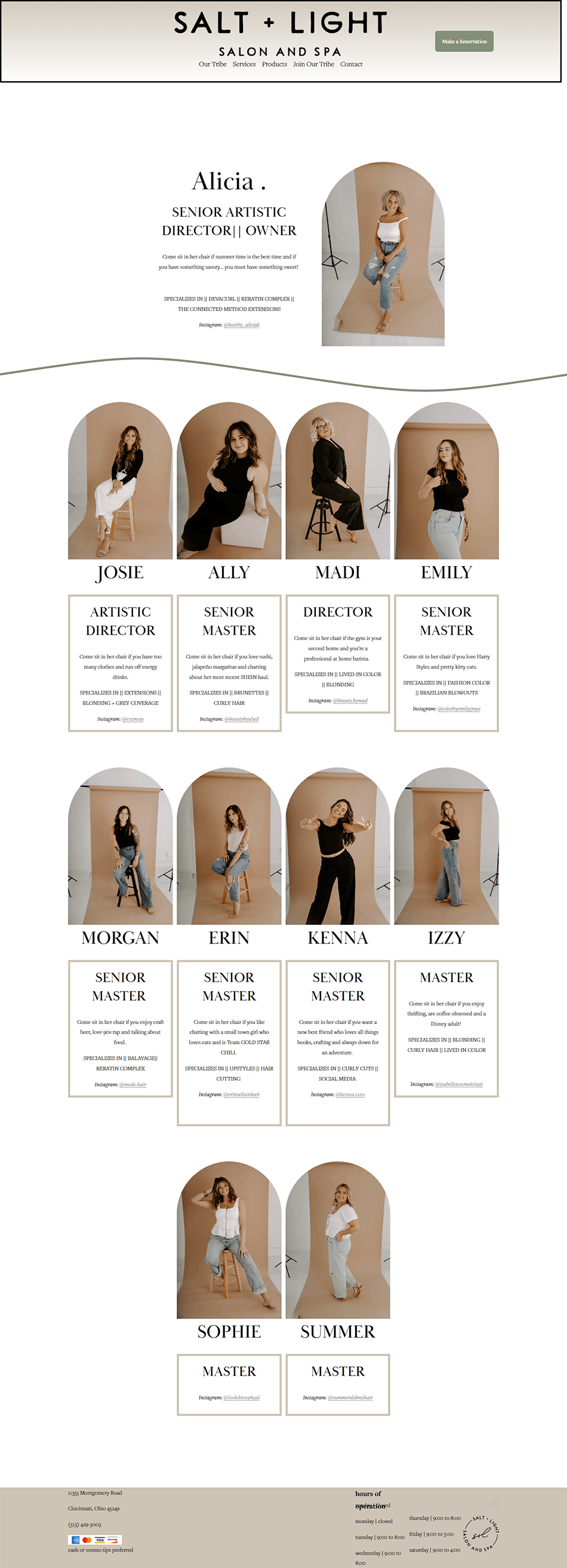 Before screenshot of hair stylist team page with cluttered layout and difficult-to-scan stylist information.